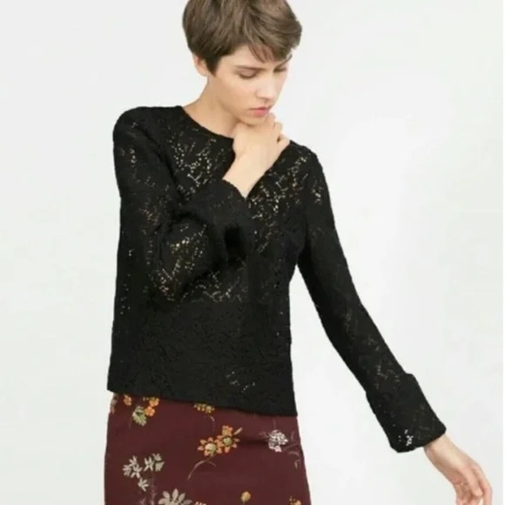 Zara Black Floral Lace Crochet Blouse Bell Sleeve Sheer Top M